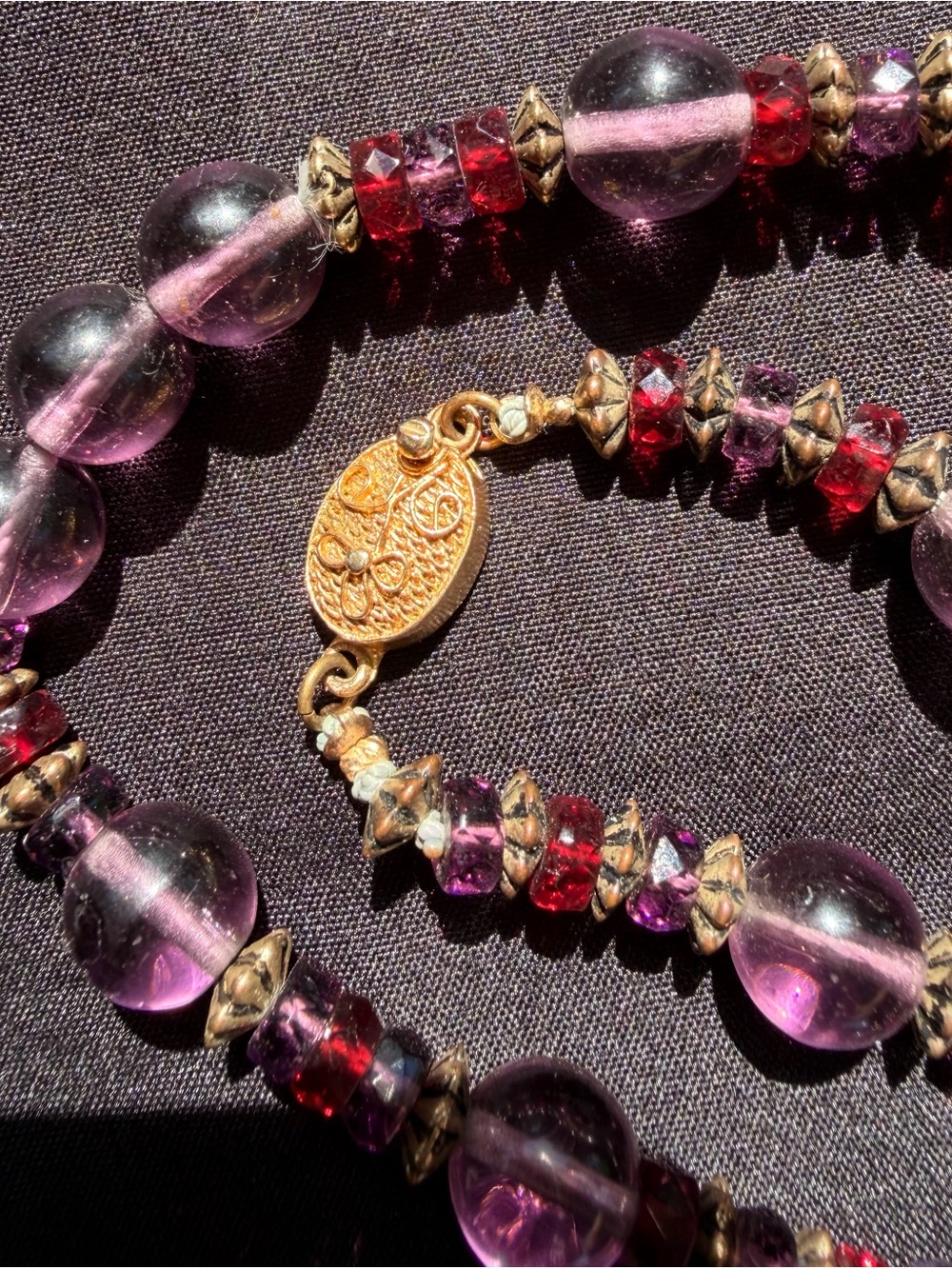 Gold-Plated Purple Amethyst and Garnet Vintage Glass Beaded Necklace